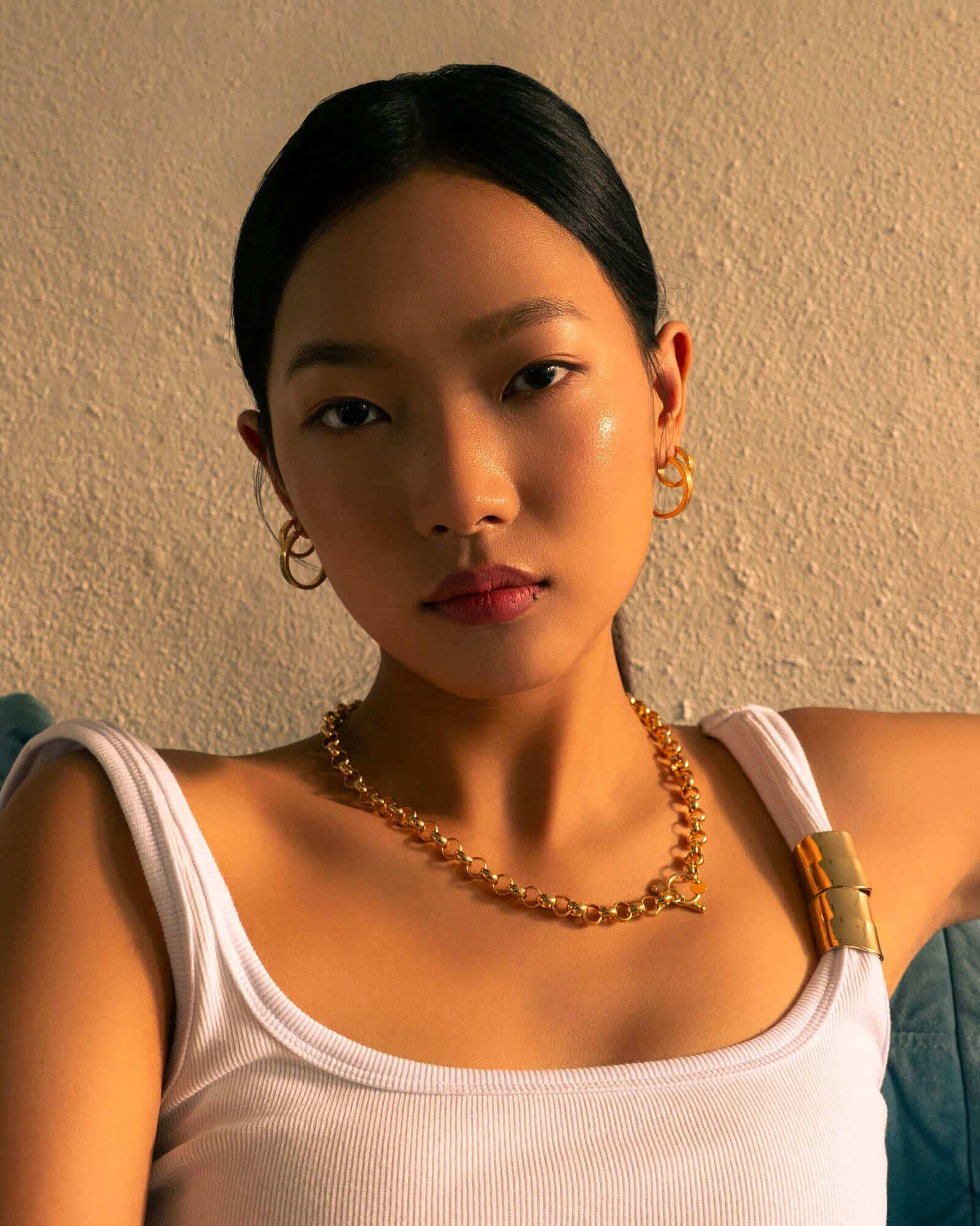Belcher T-Bar Gold Chain Necklace by Lavana, on model; with classic chunky rounded links and T-Bar 