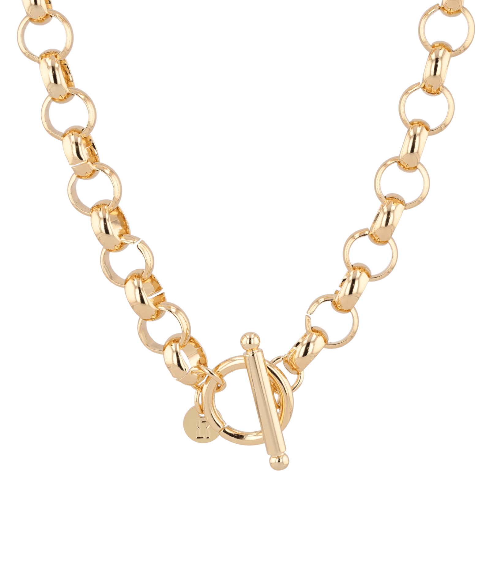 Belcher T-Bar Gold Chain Necklace by Lavana, with chunky, rounded links, T-Bar, front view