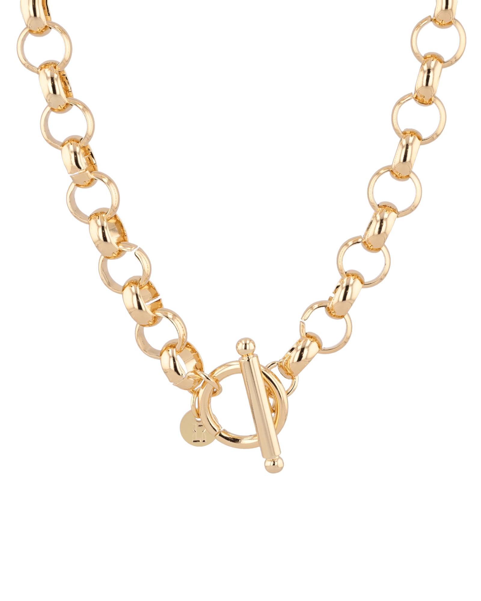 Belcher T-Bar Gold Chain Necklace by Lavana, with chunky, rounded links, T-Bar, front view