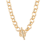 Belcher T-Bar Gold Chain Necklace by Lavana, with chunky, rounded links and T-Bar, angle view
