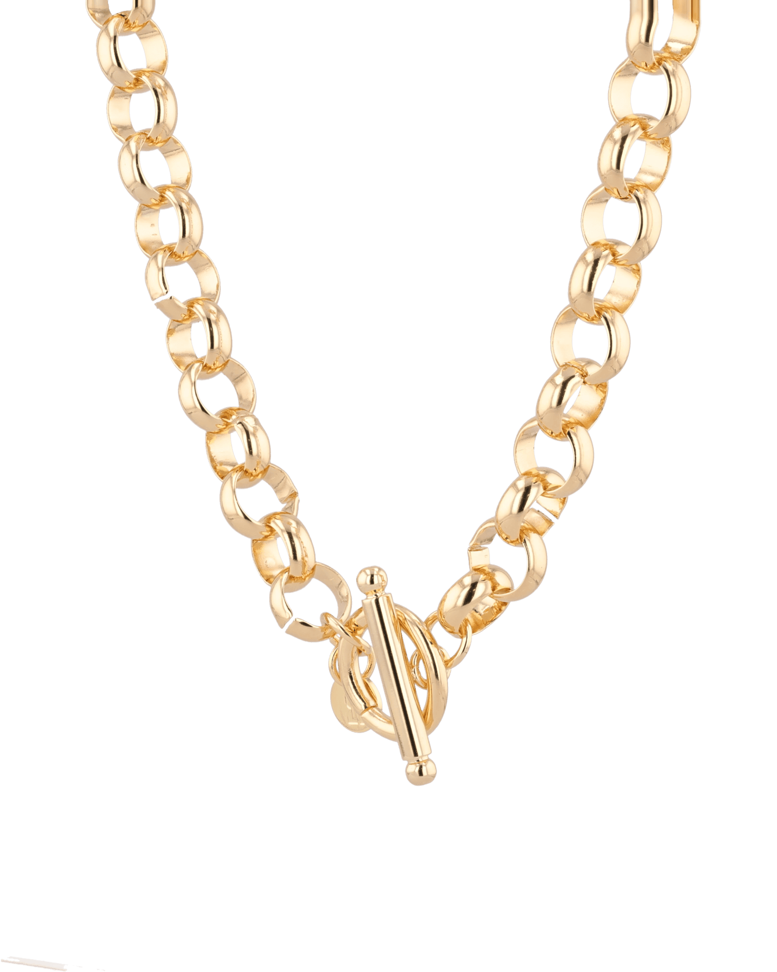 Belcher T-Bar Gold Chain Necklace by Lavana, with chunky, rounded links and T-Bar, angle view