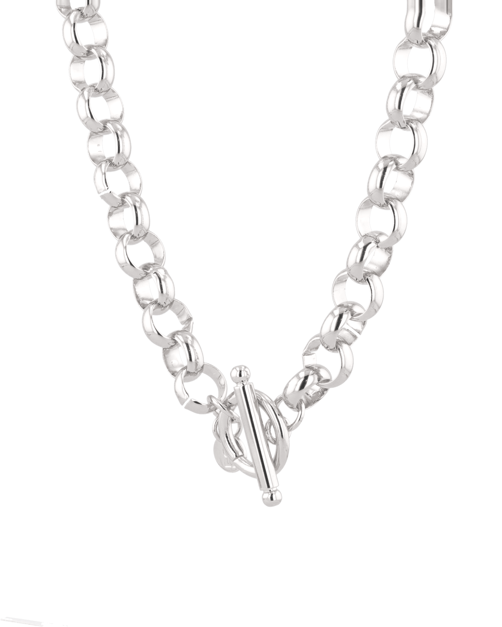Belcher T-Bar Silver Chain Necklace by Lavana, with chunky, rounded links and T-Bar, angle view