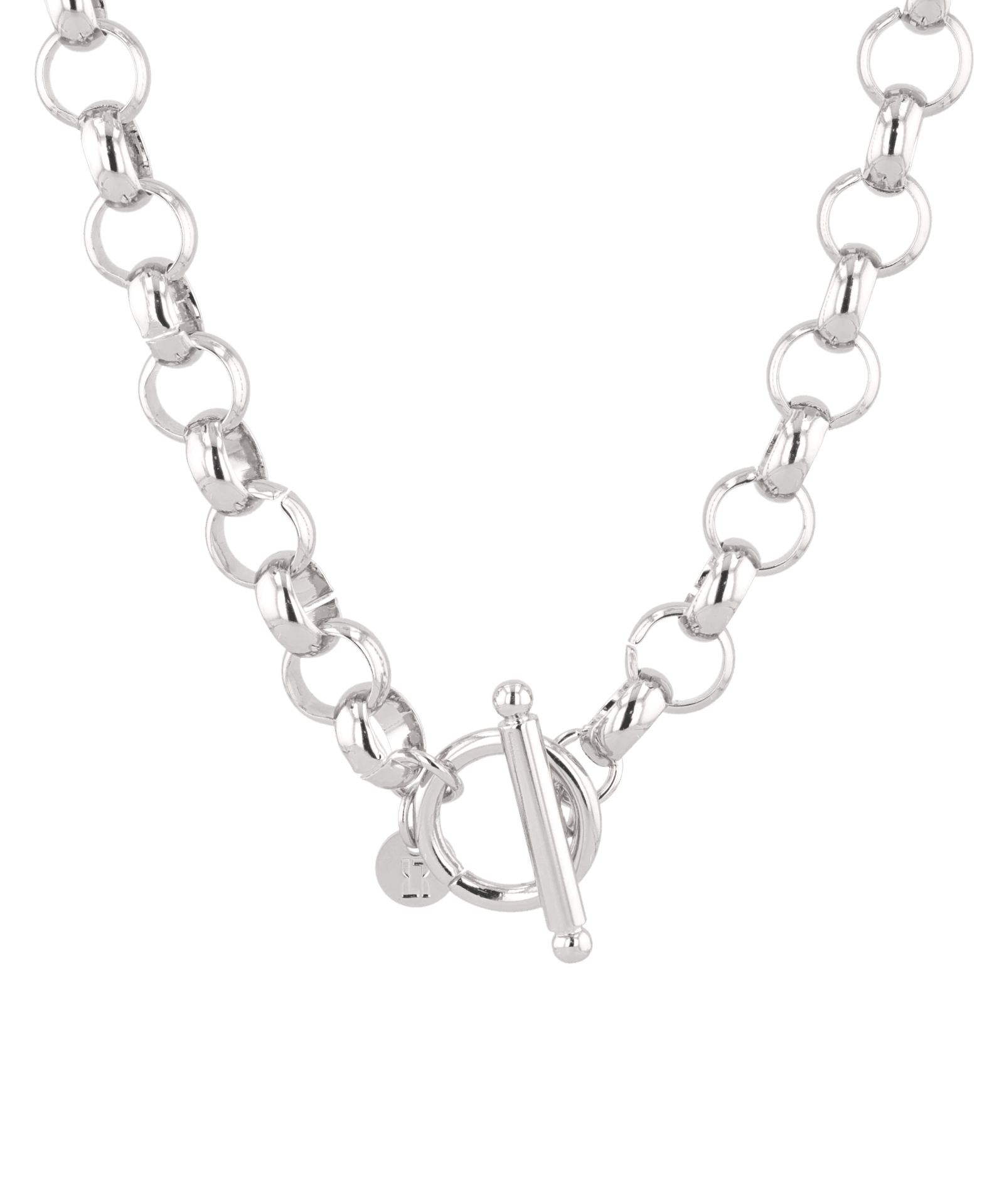 Belcher T-Bar Silver Chain Necklace by Lavana, with chunky, rounded links and T-Bar, front view