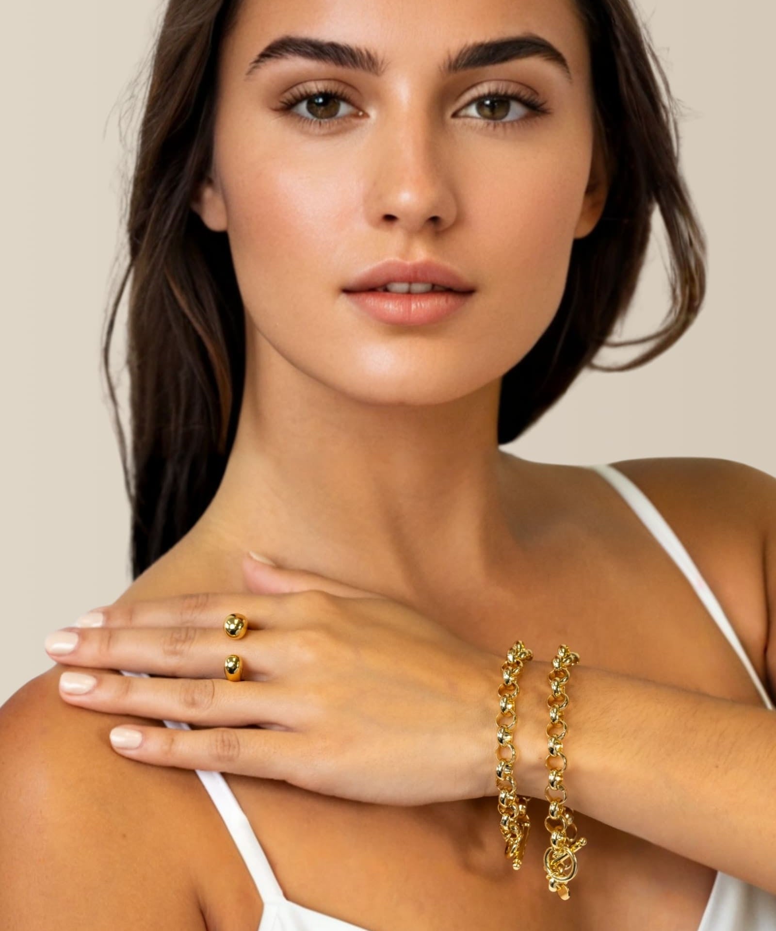 Belcher T-Bar Gold Chain Bracelet by Lavana on model chunky rounded belcher links with toggle clasp medium long layered