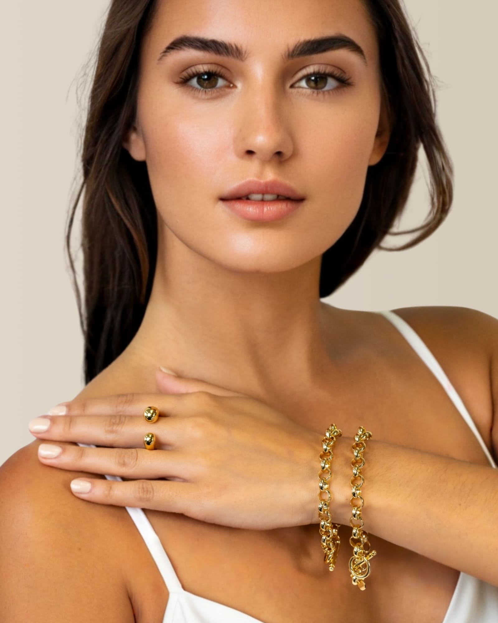 Belcher T-Bar Gold Chain Bracelet by Lavana on model chunky rounded belcher links with toggle clasp medium long layered