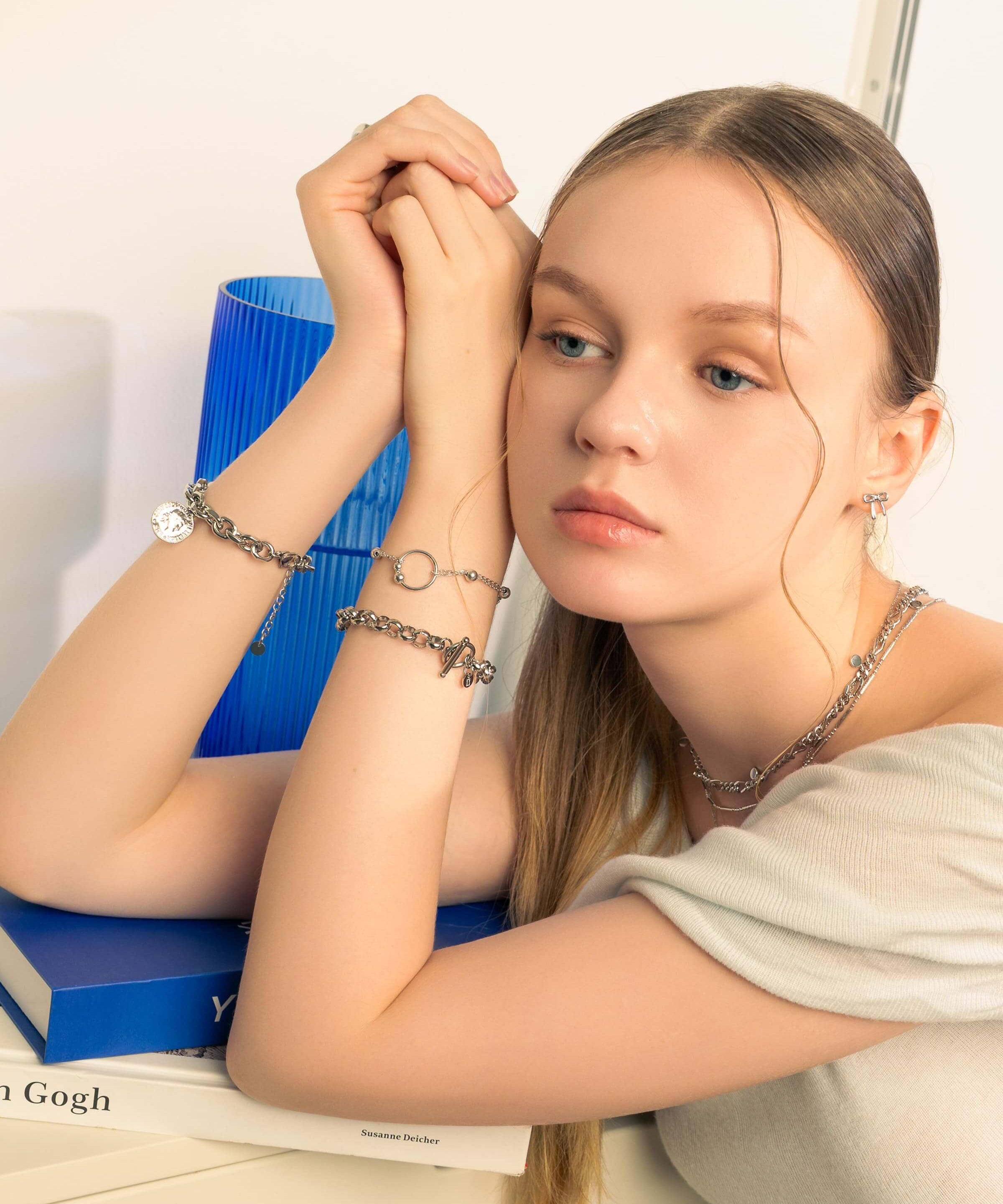 Belcher T-bar Silver Chain Bracelet by Lavana, on model chunky rounded classic belcher links with toggle clasp