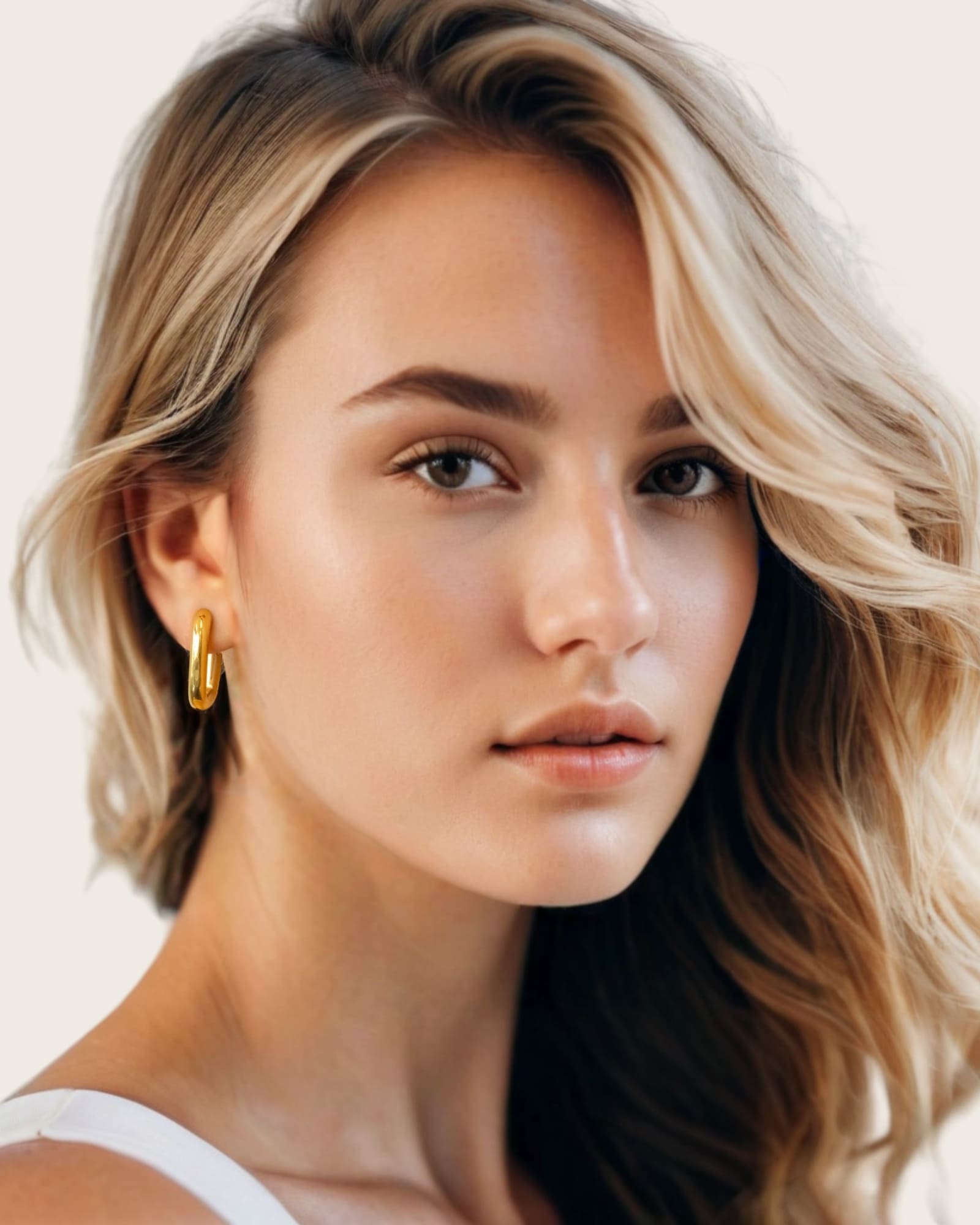 Block Rectangle Gold Hoop Earrings by Lavana, on model; open rectangular hoops with polished domed face