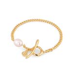 Cadiz Gold Pearl T-Bar Bracelet by Lavana, oval chain with single freshwater pearl and front toggle