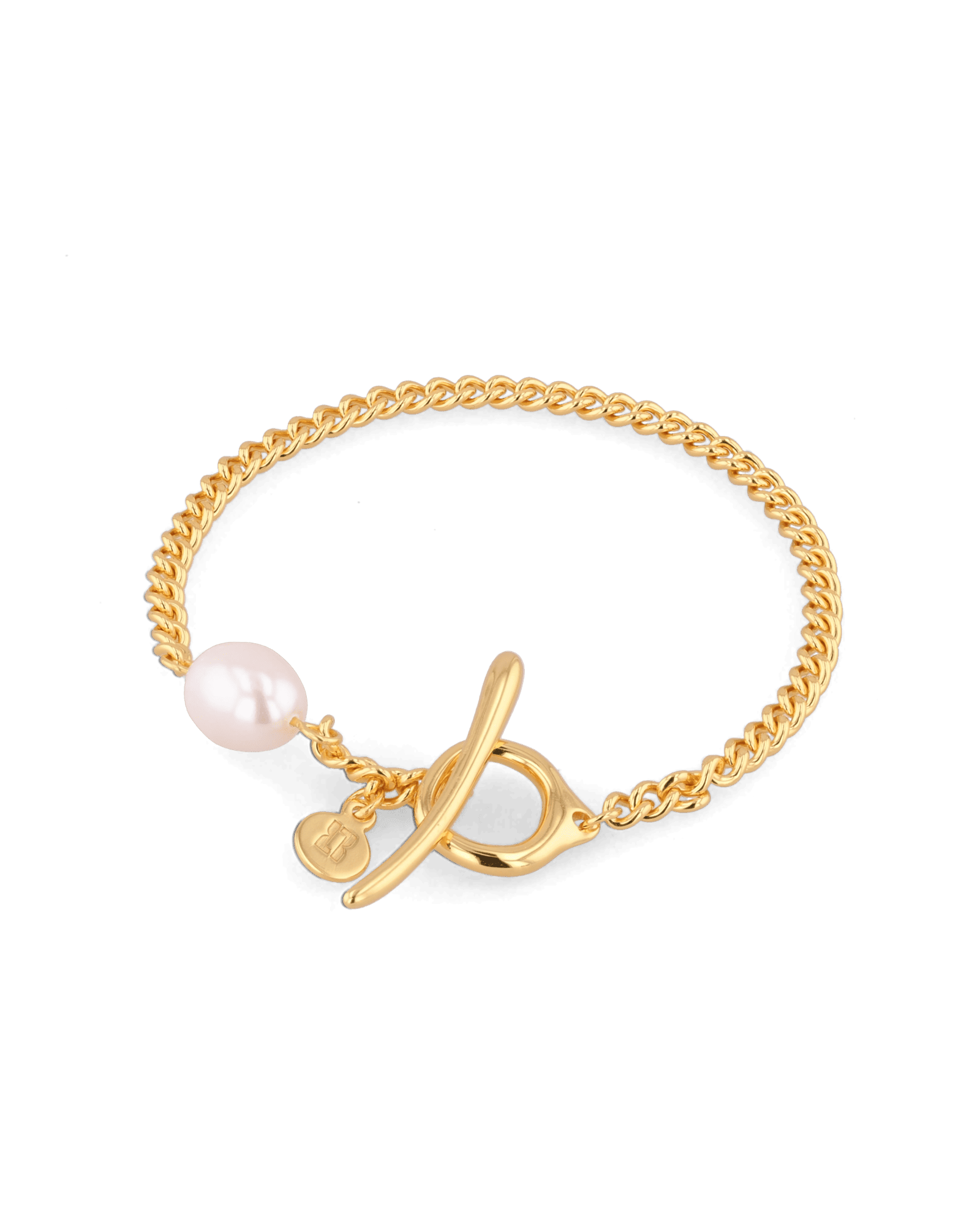 Cadiz Gold Pearl T-Bar Bracelet by Lavana, oval chain with single freshwater pearl and front toggle