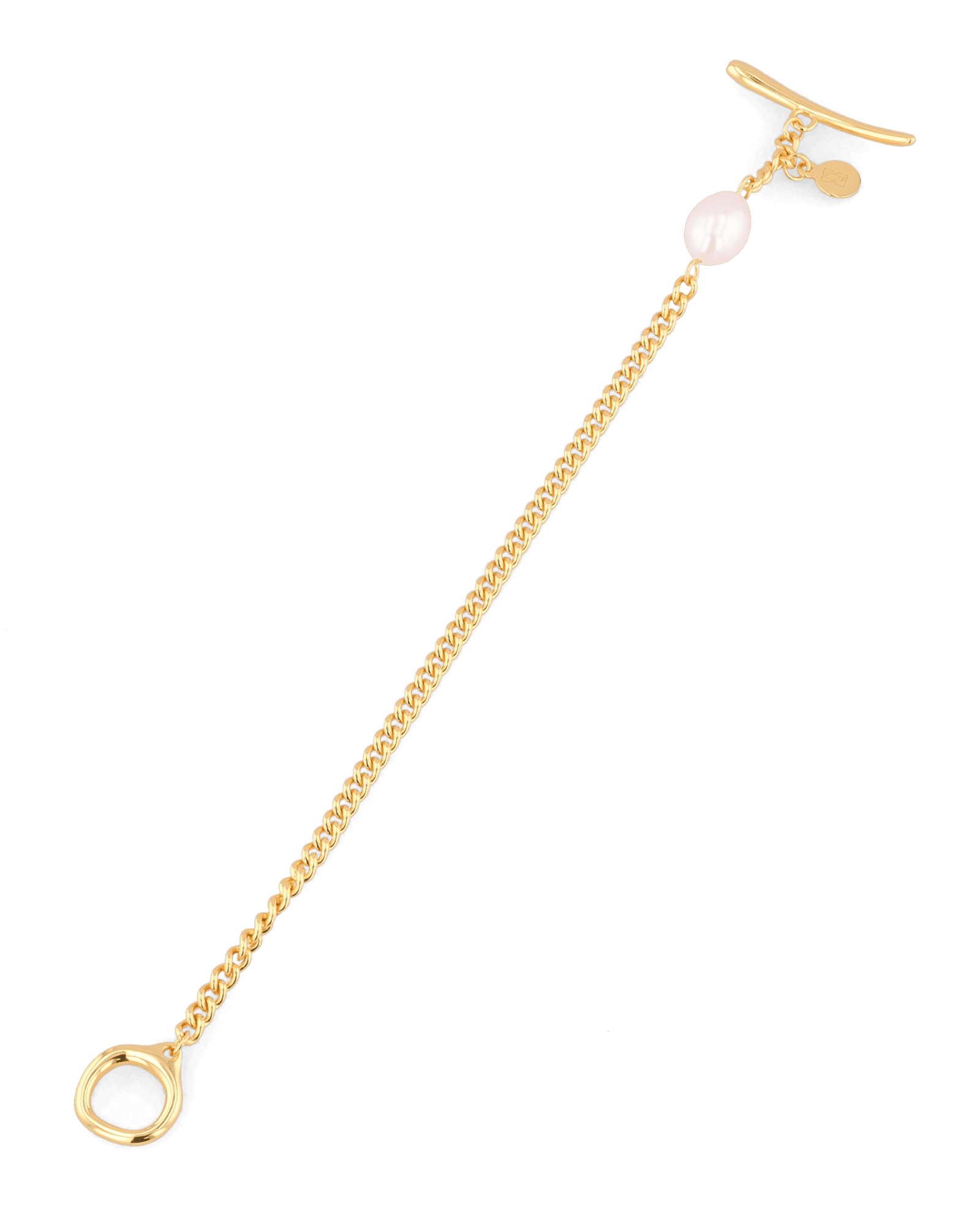 Cadiz Gold Pearl T-Bar Bracelet by Lavana, oval chain with single freshwater pearl and front toggle