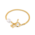 Cadiz Gold Pearl T-Bar Bracelet by Lavana, oval chain with single freshwater pearl and front toggle