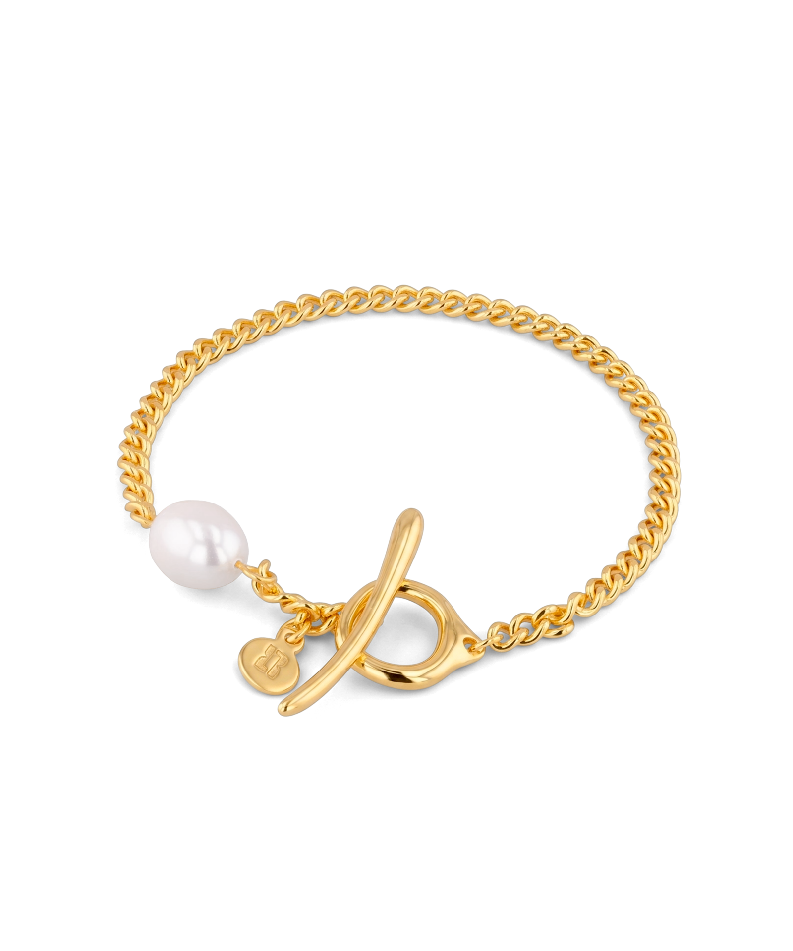 Cadiz Gold Pearl T-Bar Bracelet by Lavana, oval chain with single freshwater pearl and front toggle
