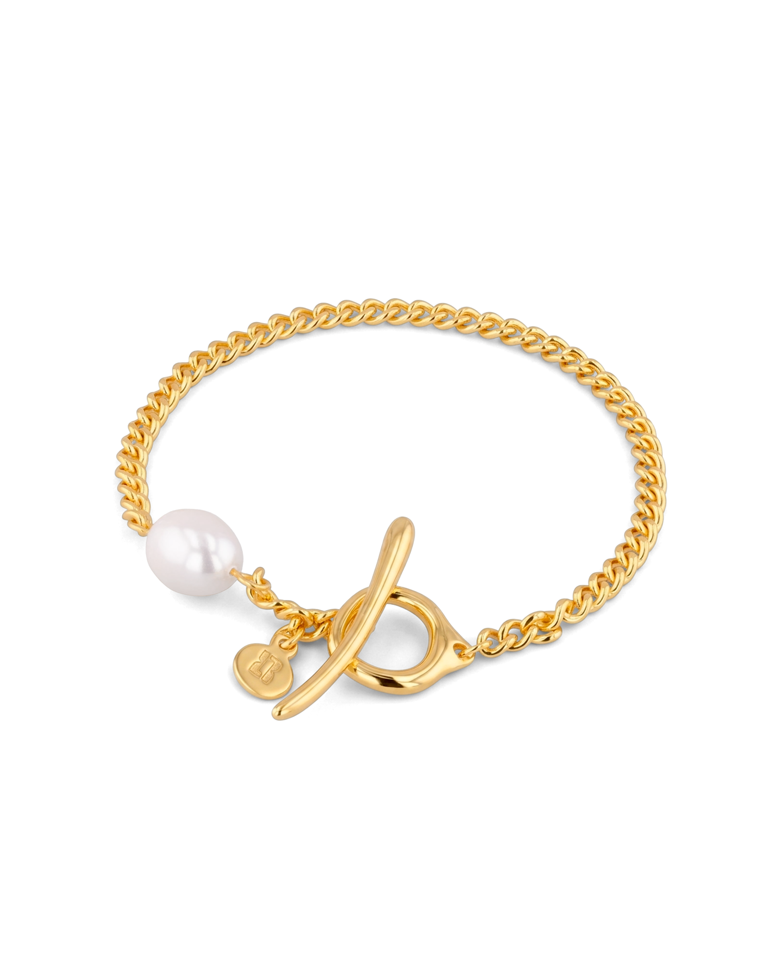 Cadiz Gold Pearl T-Bar Bracelet by Lavana, oval chain with single freshwater pearl and front toggle