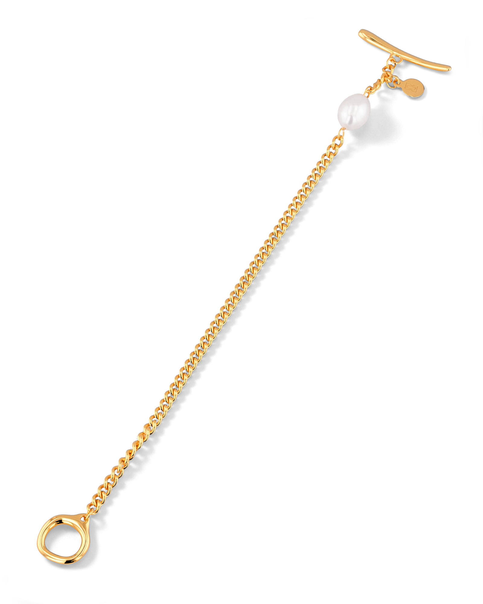Cadiz Gold Pearl T-Bar Bracelet by Lavana, oval chain with single freshwater pearl and front toggle