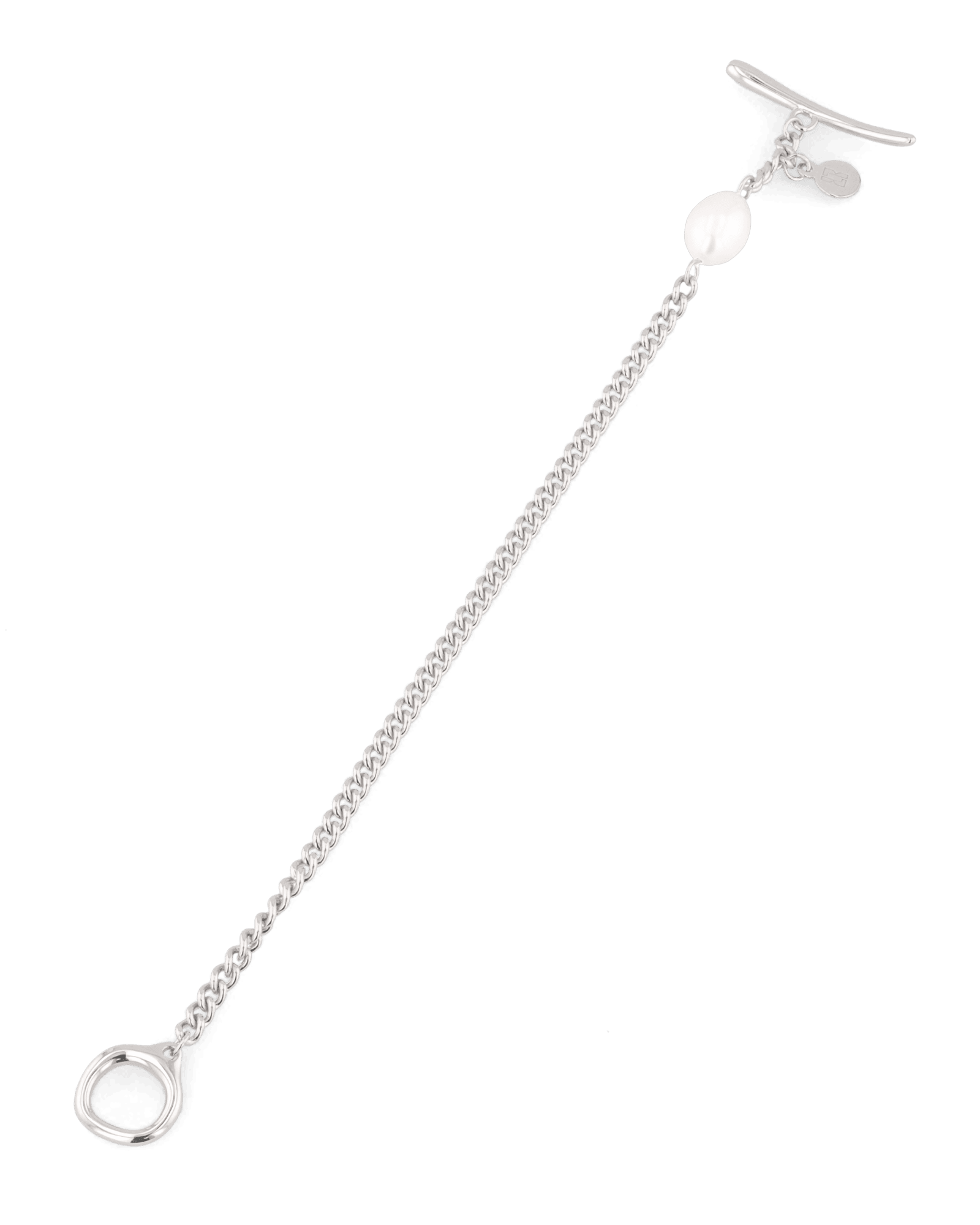 Cadiz Silver Pearl T-Bar Bracelet by Lavana, oval chain with single freshwater pearl and front toggle