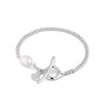 Cadiz Silver Pearl T-Bar Bracelet by Lavana, oval chain with single freshwater pearl and front toggle 1