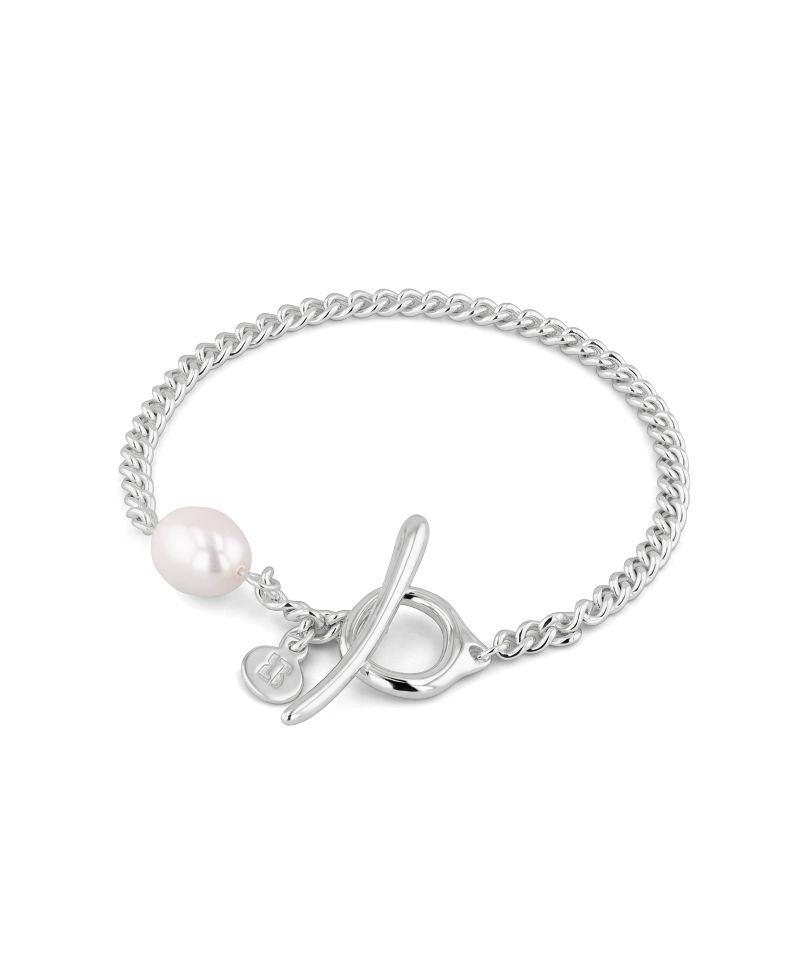 Cadiz Silver Pearl T-Bar Bracelet by Lavana, oval chain with single freshwater pearl and front toggle 1