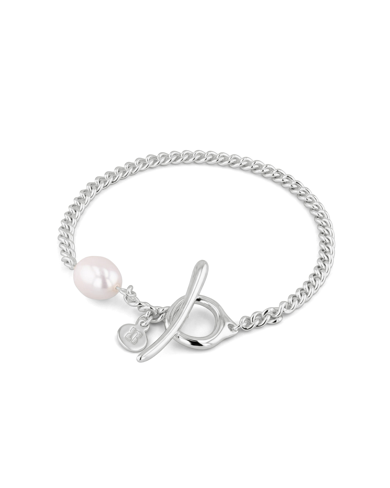 Cadiz Silver Pearl T-Bar Bracelet by Lavana, oval chain with single freshwater pearl and front toggle 1