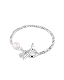 Cadiz Silver Pearl T-Bar Bracelet by Lavana, oval chain with single freshwater pearl and front toggle 1