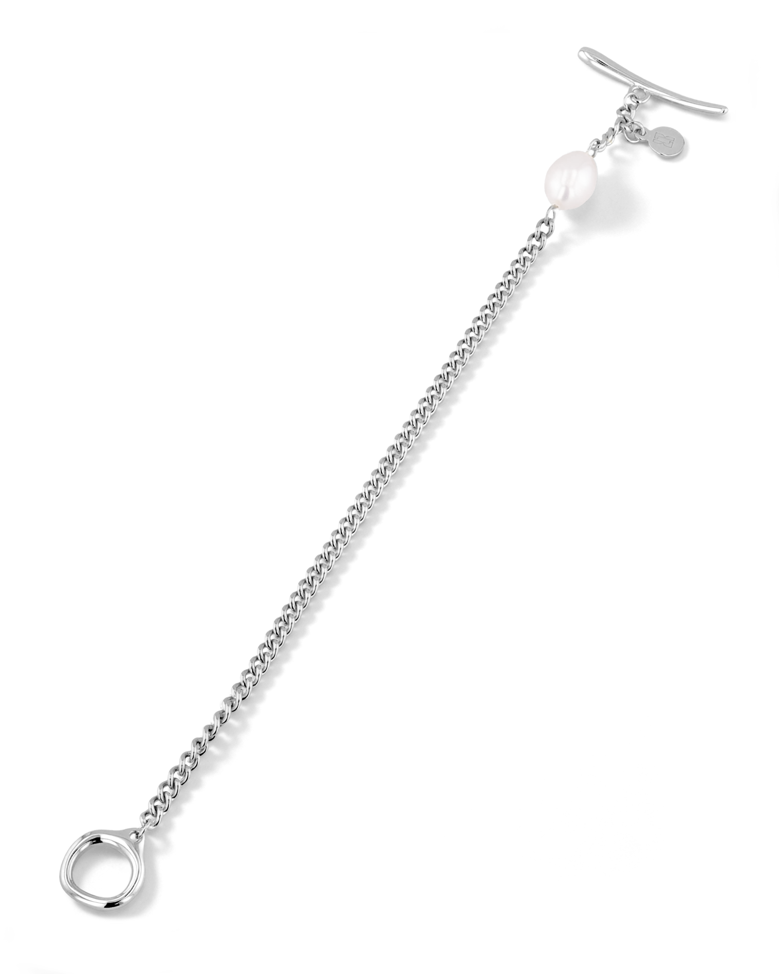 Cadiz Silver Pearl T-Bar Bracelet by Lavana, oval chain with single freshwater pearl and front toggle 2