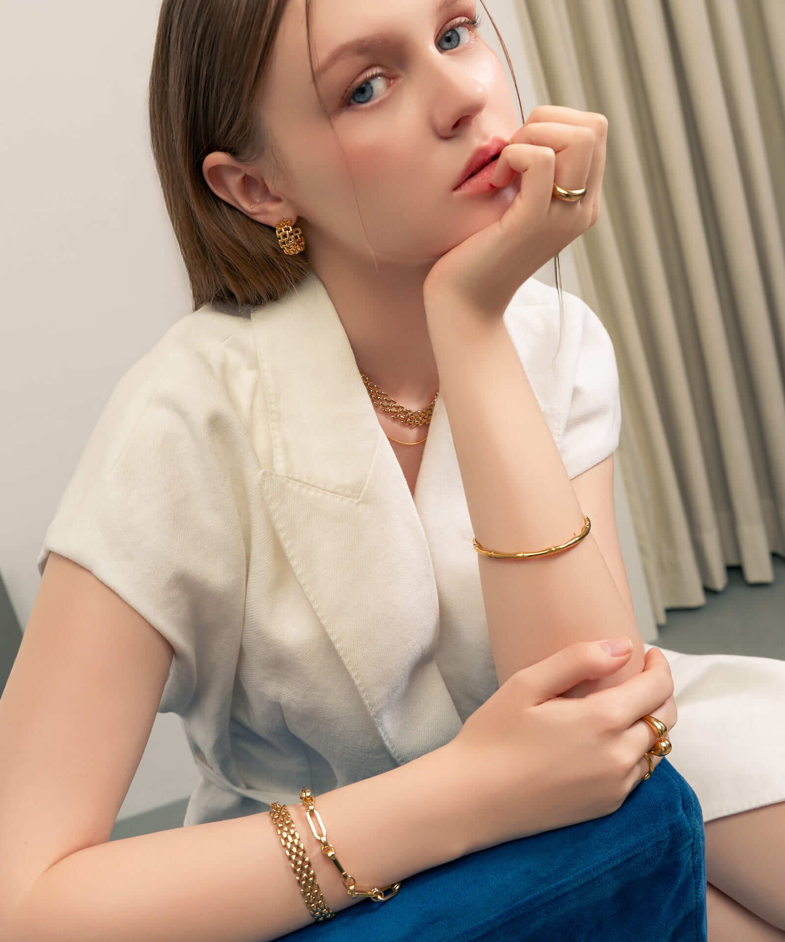 Cali Gold Snake Chain Necklace by Lavana, on model sleek flat classic snake chain with polished finish