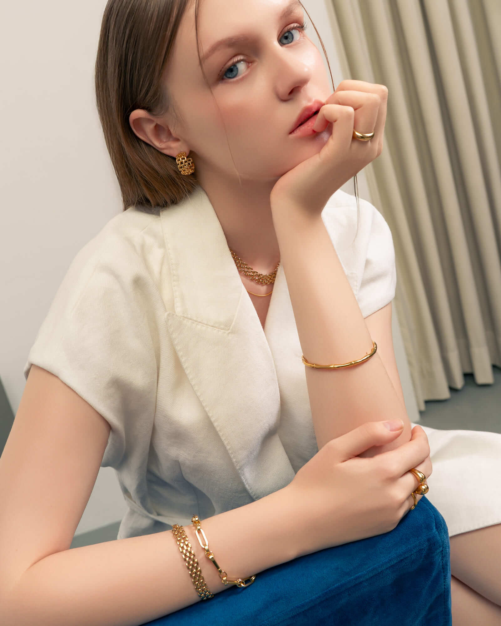 Cali Gold Snake Chain Necklace by Lavana, on model sleek flat classic snake chain with polished finish