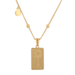 Cancer Gold Zodiac Tag Necklace by Lavana, engraved tag with constellation on beaded chain, back view