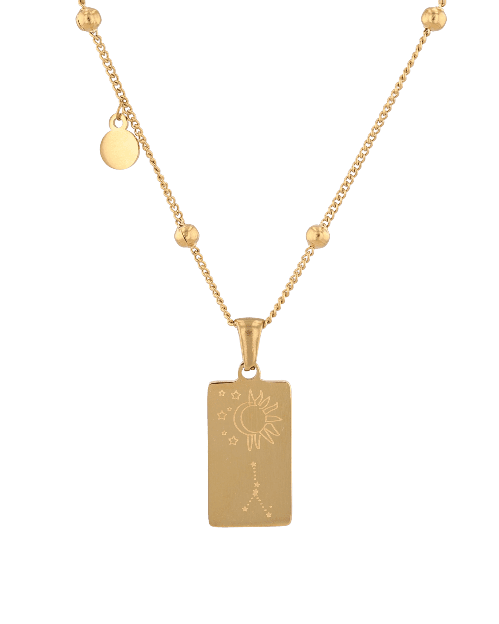 Cancer Gold Zodiac Tag Necklace by Lavana, engraved tag with constellation on beaded chain, back view