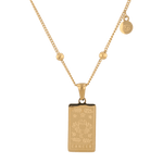 Cancer Gold Zodiac Tag Necklace by Lavana, engraved tag with constellation on beaded chain, front view