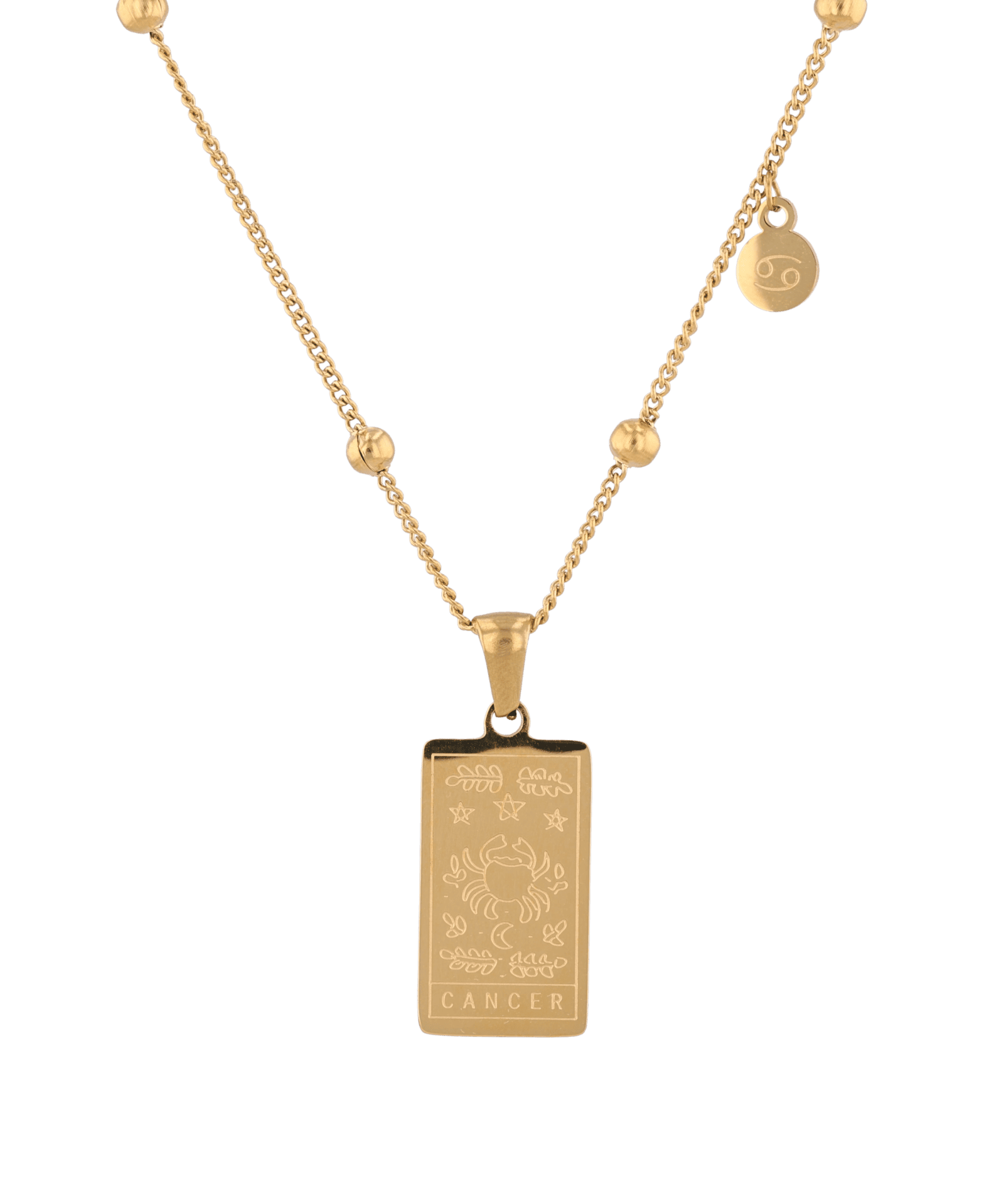 Cancer Gold Zodiac Tag Necklace by Lavana, engraved tag with constellation on beaded chain, front view
