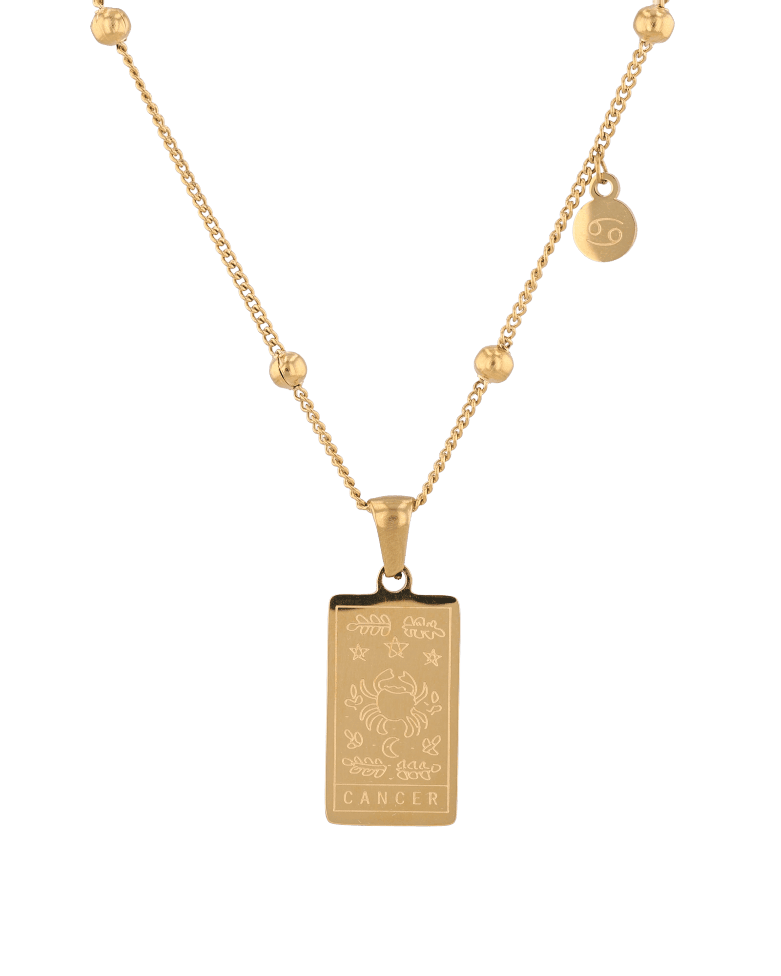 Cancer Gold Zodiac Tag Necklace by Lavana, engraved tag with constellation on beaded chain, front view