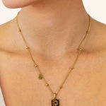 Cancer Gold Zodiac Tag Necklace by Lavana, on model engraved tag with constellation on beaded chain, back