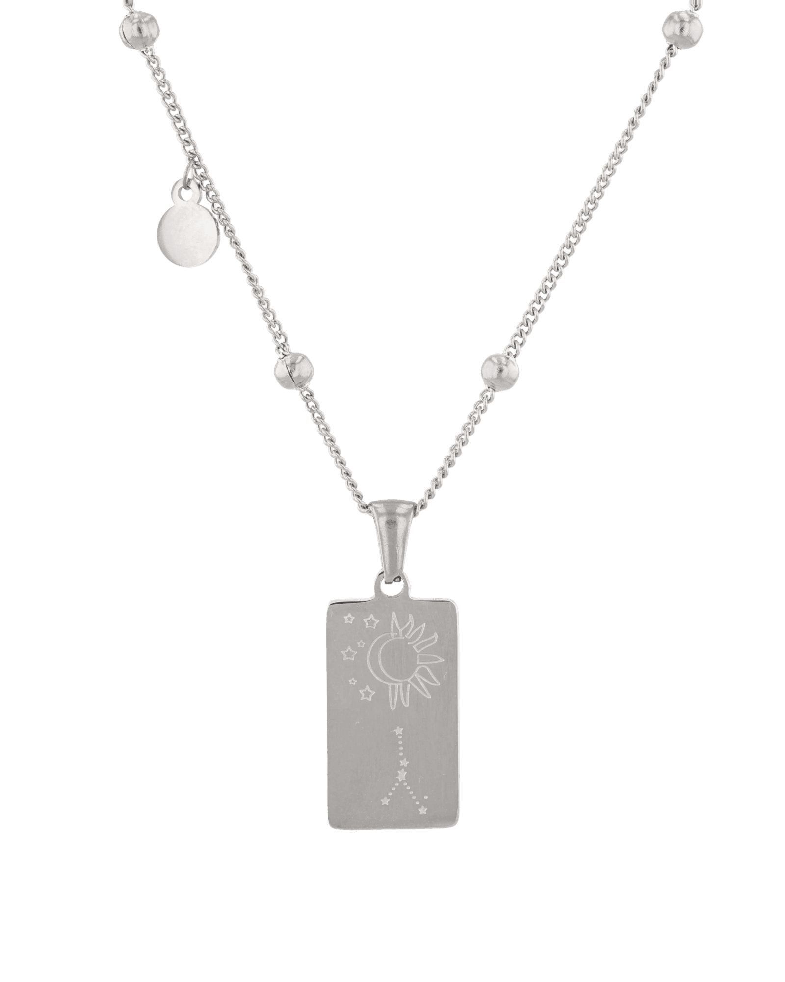 Cancer Silver Zodiac Tag Necklace by Lavana, engraved tag with constellation on beaded chain, back view