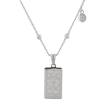 Cancer Silver Zodiac Tag Necklace by Lavana, engraved tag with constellation on beaded chain, front view