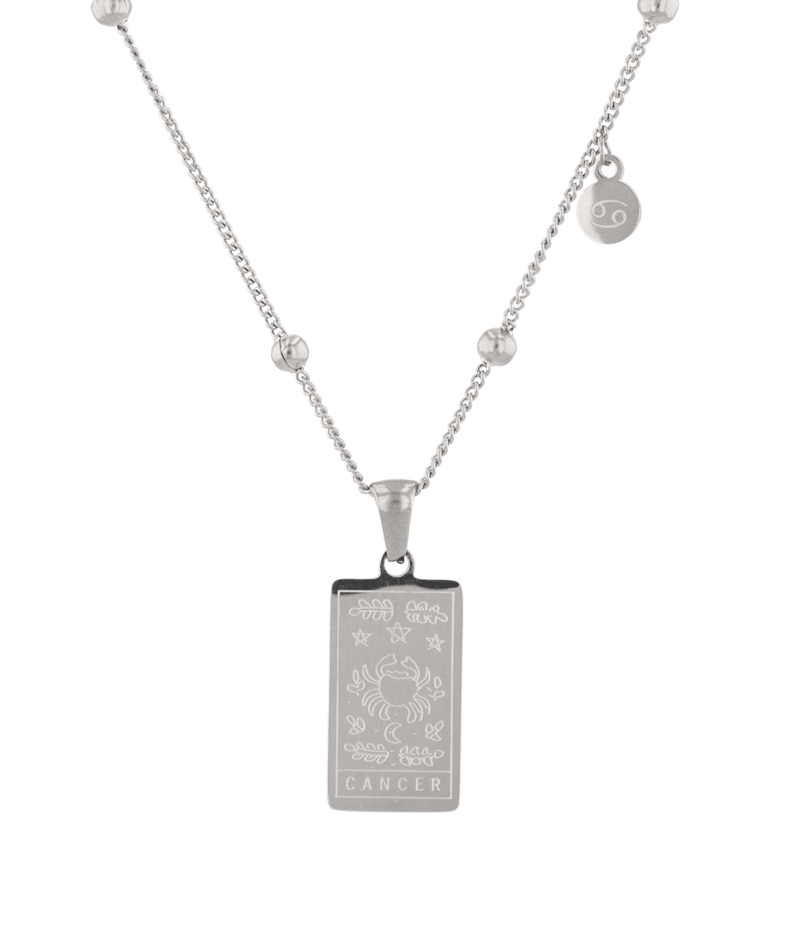 Cancer Silver Zodiac Tag Necklace by Lavana, engraved tag with constellation on beaded chain, front view