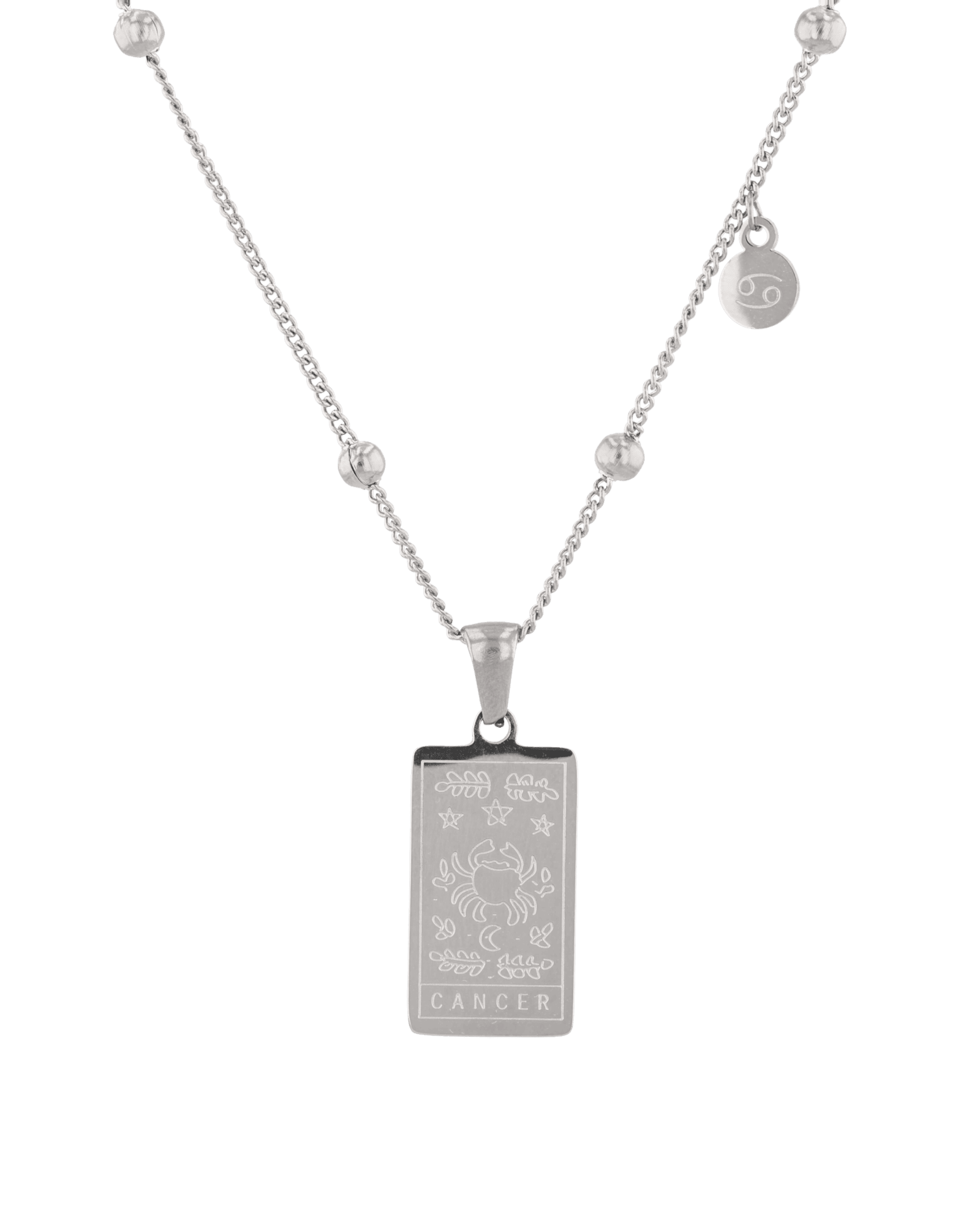 Cancer Silver Zodiac Tag Necklace by Lavana, engraved tag with constellation on beaded chain, front view