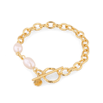Cannes Gold Pearl T-Bar Bracelet by Lavana, oval link chain with freshwater pearls and front toggle