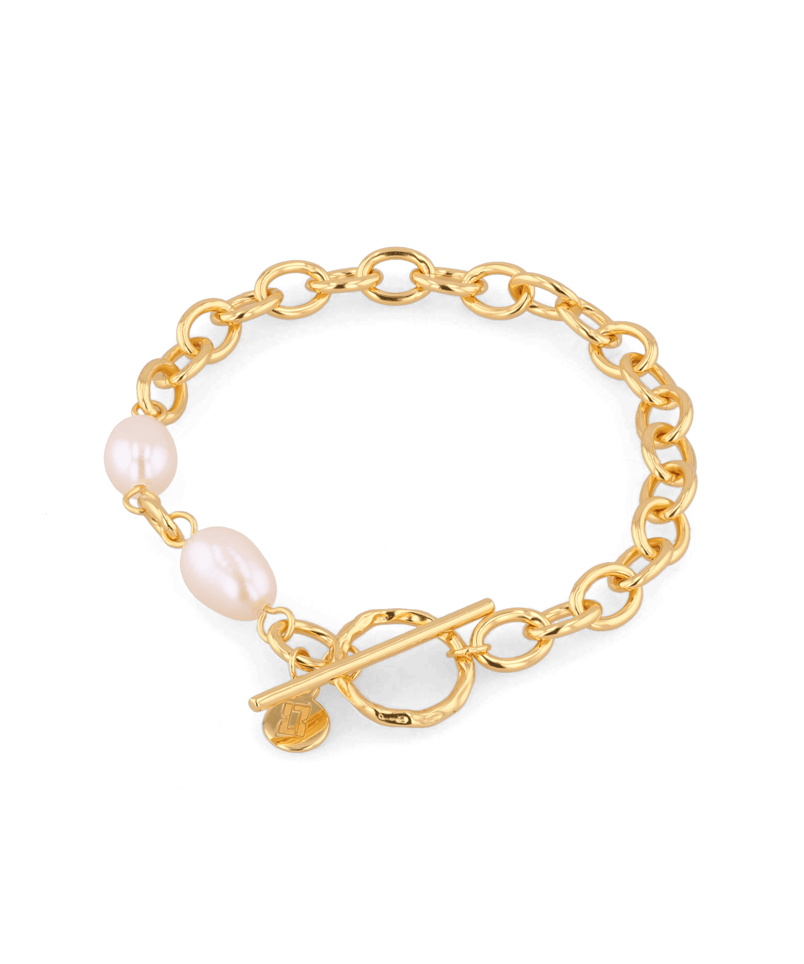 Cannes Gold Pearl T-Bar Bracelet by Lavana, oval link chain with freshwater pearls and front toggle