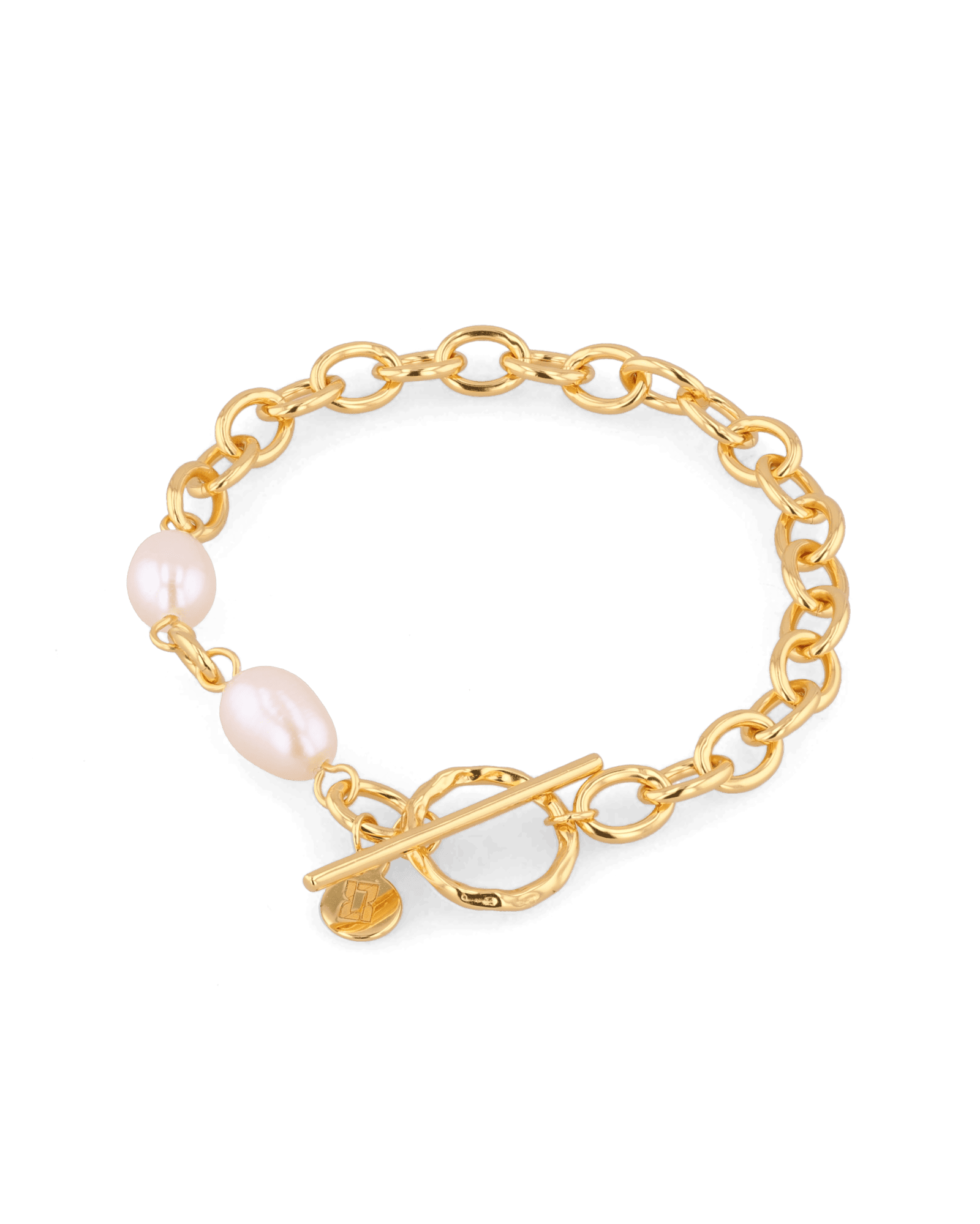 Cannes Gold Pearl T-Bar Bracelet by Lavana, oval link chain with freshwater pearls and front toggle
