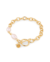 Cannes Gold Pearl T-Bar Bracelet by Lavana, oval link chain with freshwater pearls and front toggle