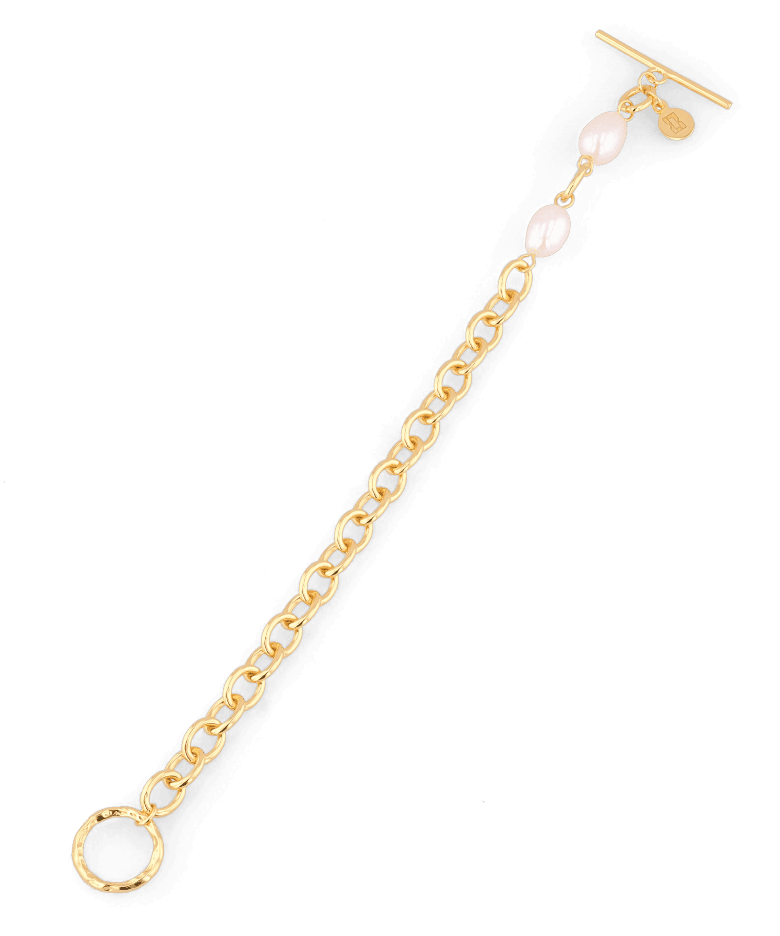 Cannes Gold Pearl T-Bar Bracelet by Lavana, oval link chain with freshwater pearls and front toggle