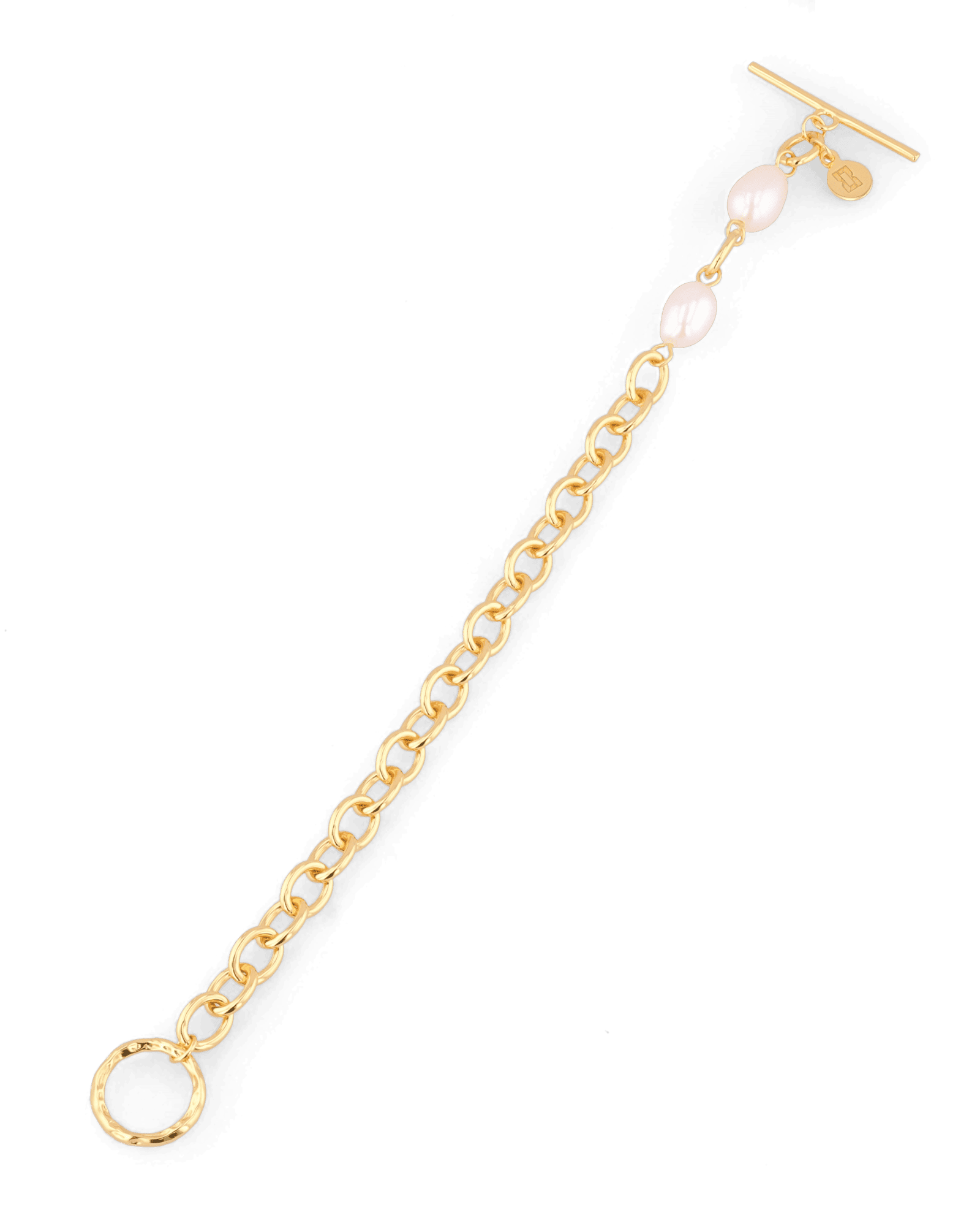 Cannes Gold Pearl T-Bar Bracelet by Lavana, oval link chain with freshwater pearls and front toggle