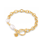 Cannes Gold Pearl T-Bar Bracelet by Lavana, oval link chain with freshwater pearls and front toggle