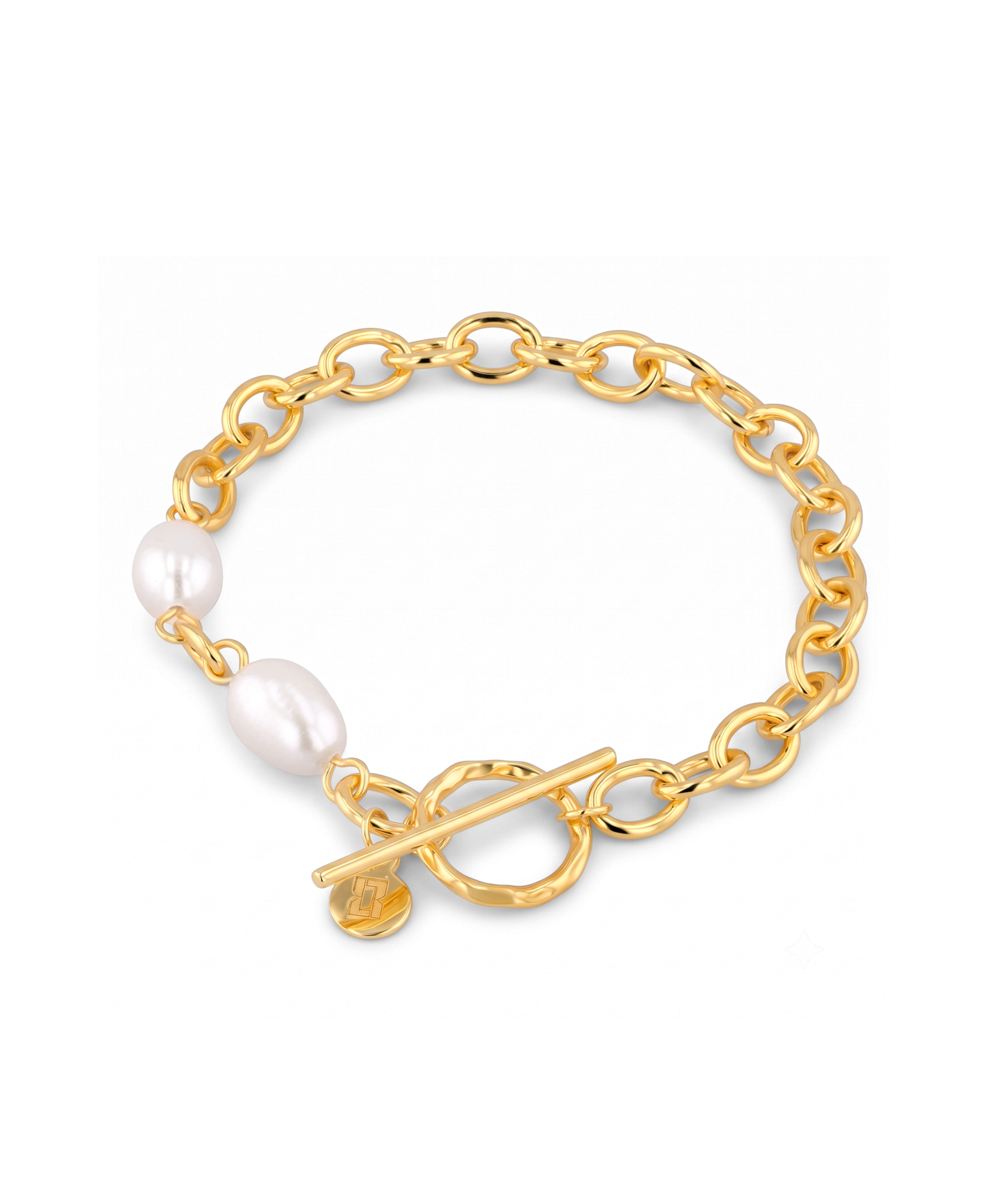 Cannes Gold Pearl T-Bar Bracelet by Lavana, oval link chain with freshwater pearls and front toggle