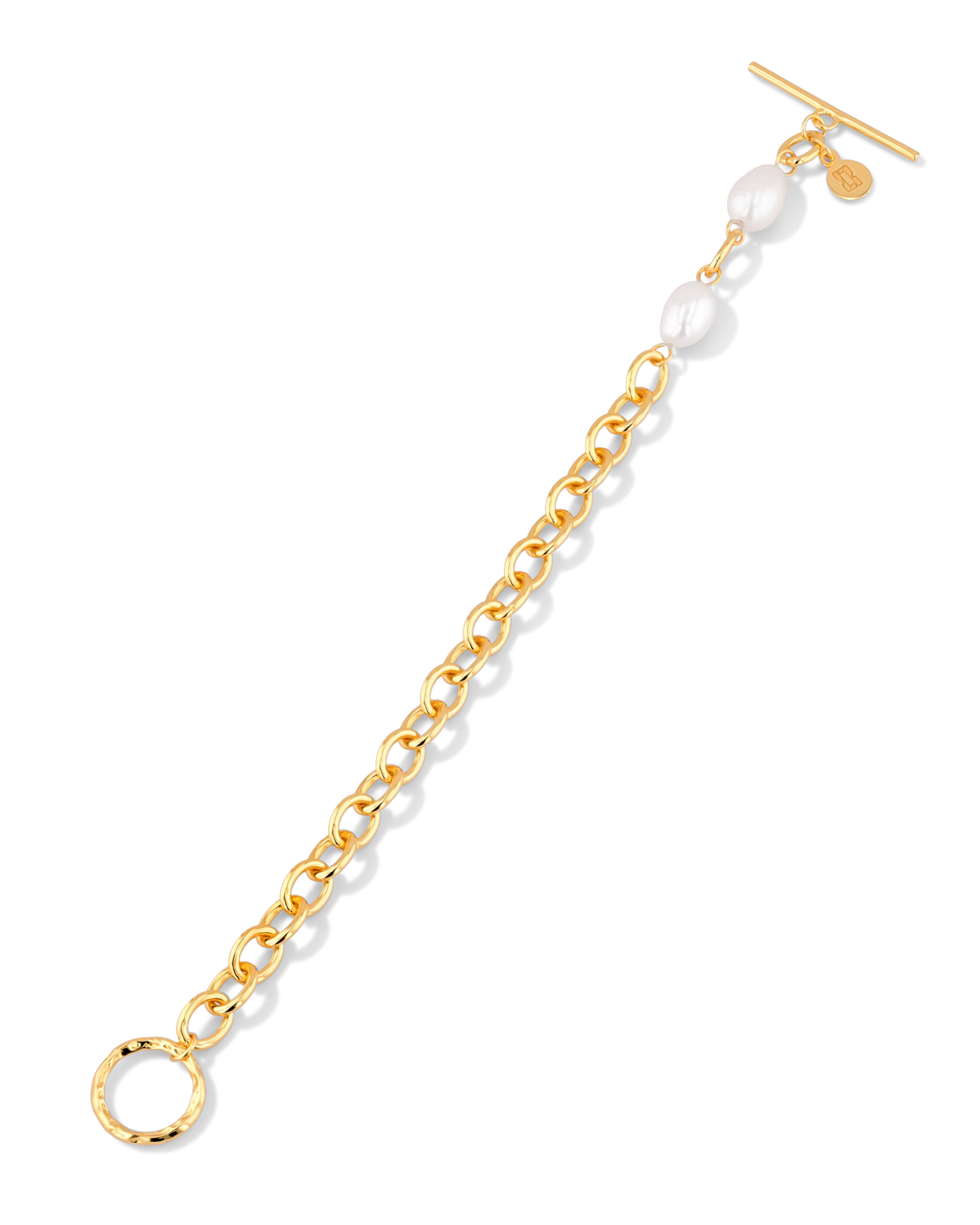 Cannes Gold Pearl T-Bar Bracelet by Lavana, oval link chain with freshwater pearls and front toggle