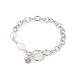 Cannes Silver Pearl T-Bar Bracelet by Lavana, oval link chain with freshwater pearls and front toggle