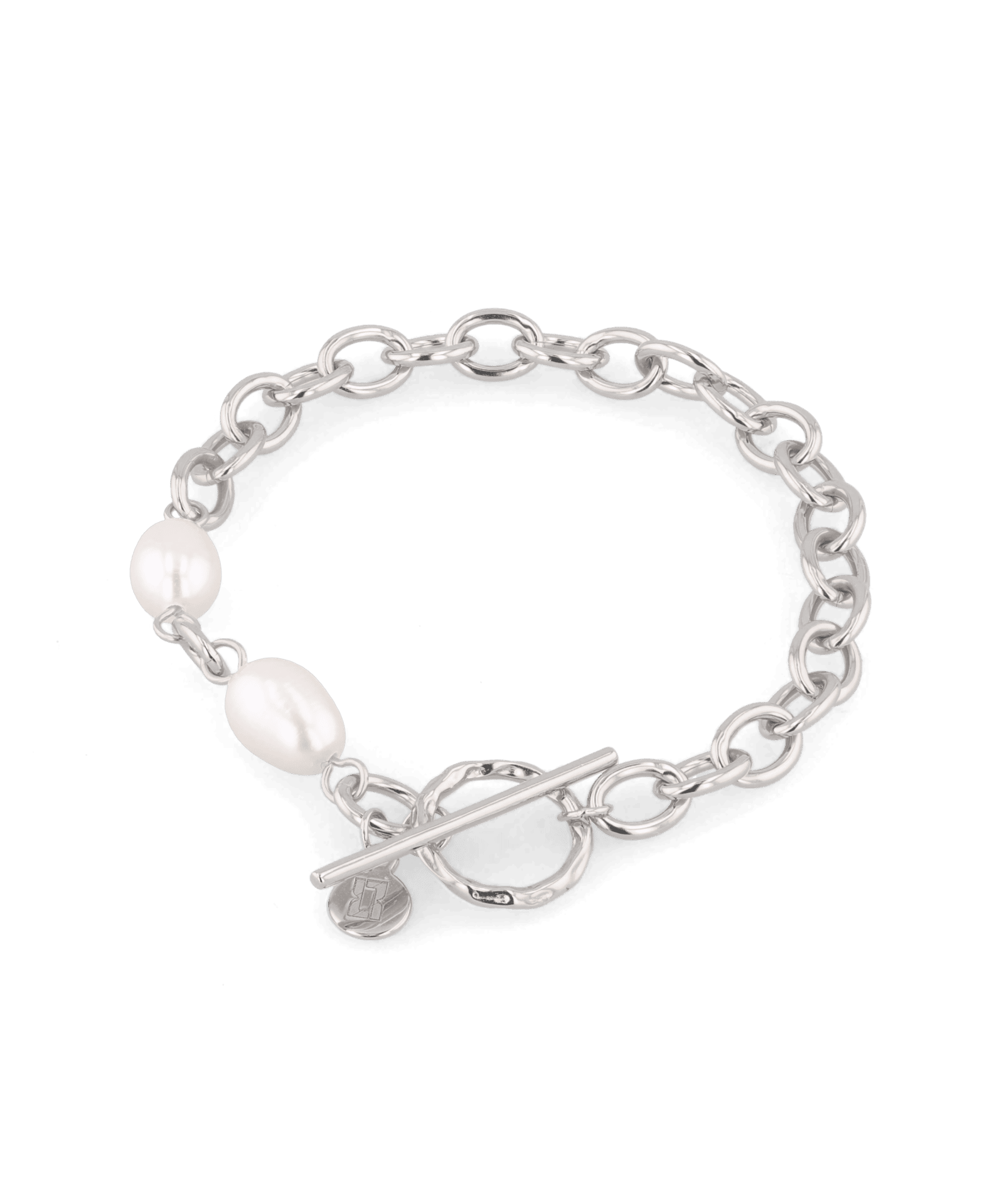 Cannes Silver Pearl T-Bar Bracelet by Lavana, oval link chain with freshwater pearls and front toggle