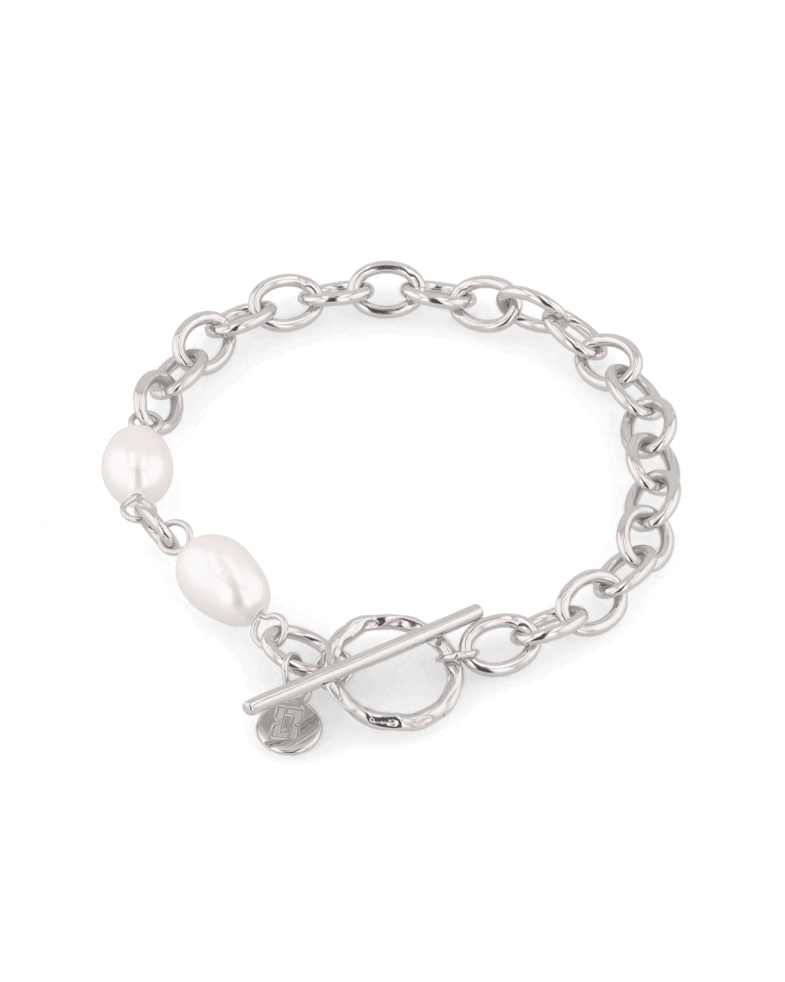 Cannes Silver Pearl T-Bar Bracelet by Lavana, oval link chain with freshwater pearls and front toggle
