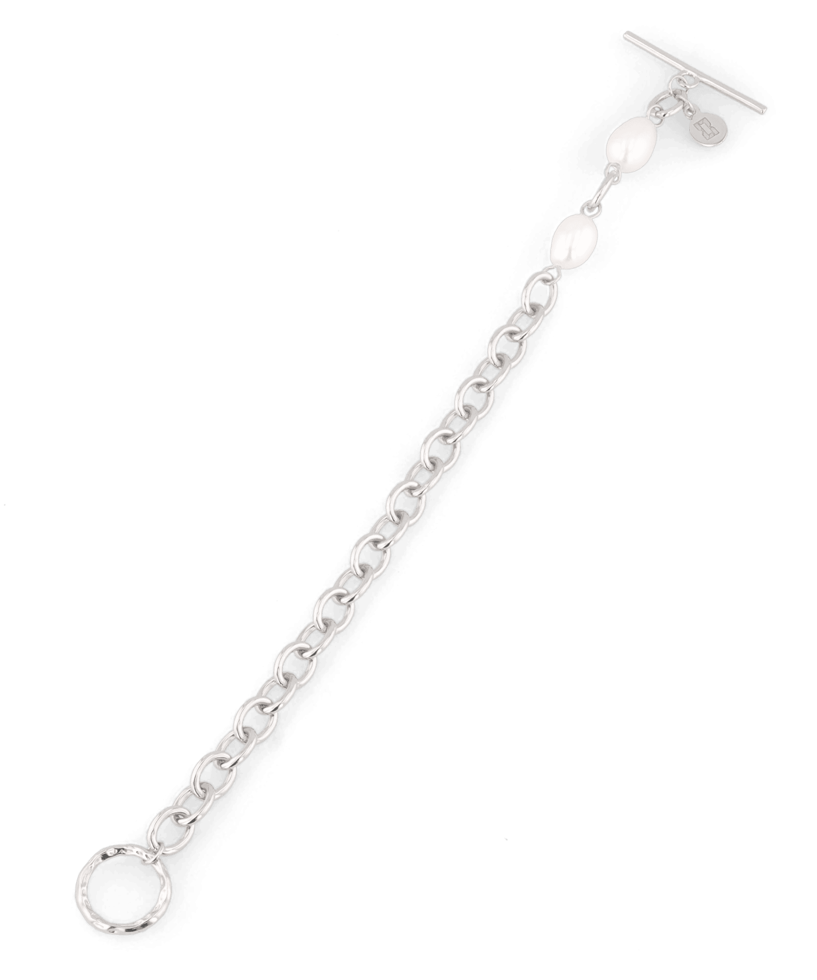 Cannes Silver Pearl T-Bar Bracelet by Lavana, oval link chain with freshwater pearls and front toggle