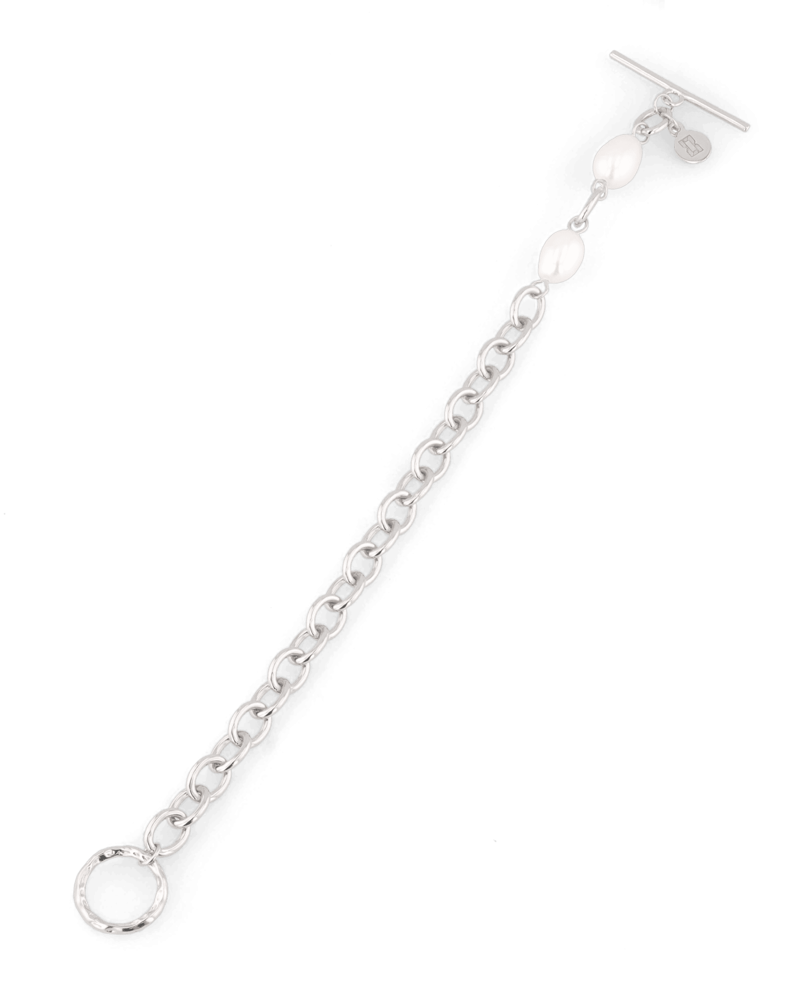 Cannes Silver Pearl T-Bar Bracelet by Lavana, oval link chain with freshwater pearls and front toggle